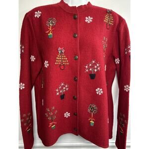 VTG Talbots Red Wool Embroidered Beaded Christmas Cardigan Sweater M Button